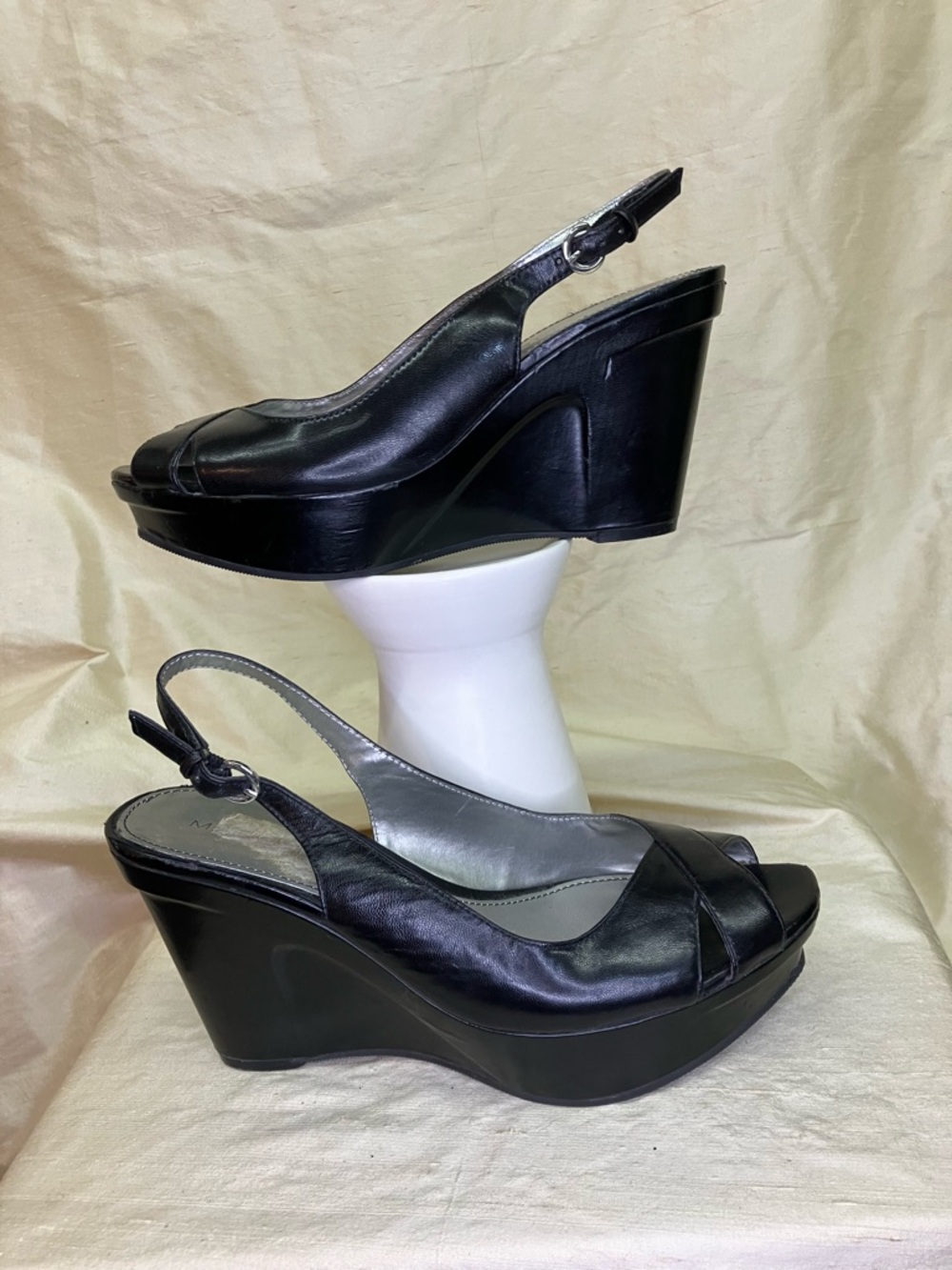 Marc Fisher Black Leather Peep-Toe Slingback Wedges